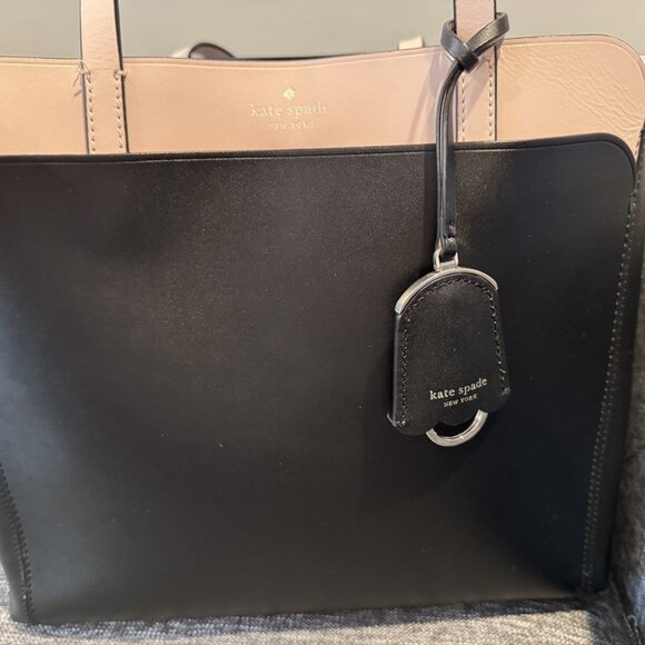 KATE SPADE Magnolia Street Black Pink Blush Double Pocket Tote Bag Key Ring - Picture 2 of 10